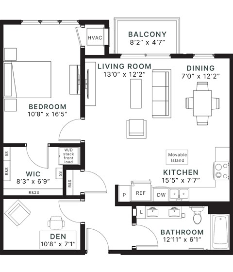 Floor plan for 1 bed, 1 bath, 953 sqft